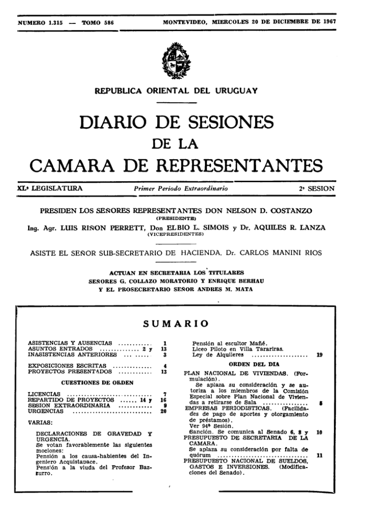 DIARIO DE SESIONES DE LA CAMARA DE REPRESENTANTES del 20/12/1967